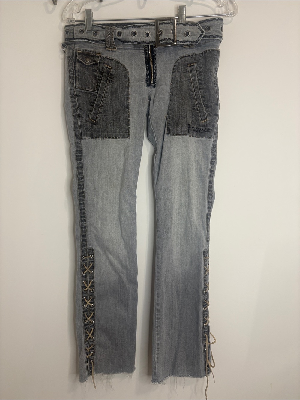 Parasuco Denim Grey Y2K lace up jeans with grommet belt grunge deconstructed